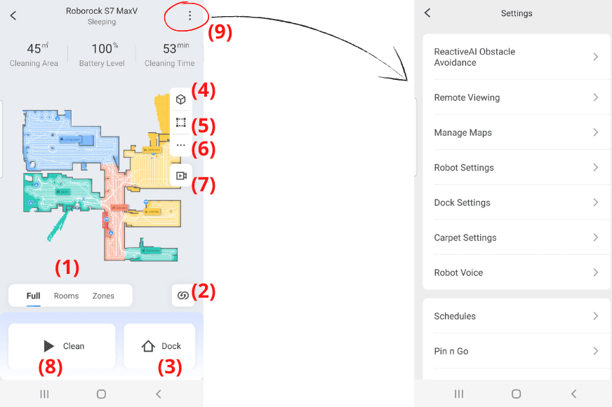 Опции настроек на главном экране приложения Roborock S7 MaxV Ultra 